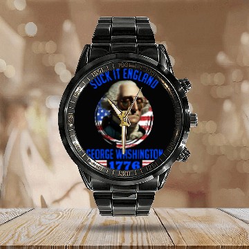 Discover George Washington 1776 Suck it England USA Calendar Steel Band Watch
