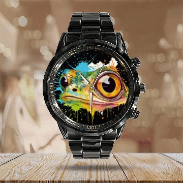Discover Colorful Leap - Watercolor Style Frog Art Calendar Steel Band Watch