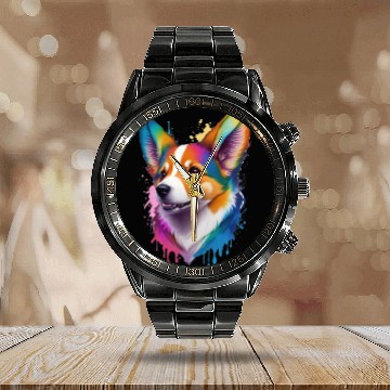 Discover Colourful rainbow realistic Welsh Corgi dog Calendar Steel Band Watch