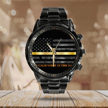 Discover Dispatcher - Thin Yellow Gold Line 911 Emergency Calendar Steel Band Watch