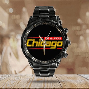 Discover Chicago sports design style gold typeface Calendar Steel Band Watch