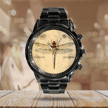Discover A diagrammatic drawing of a dragonfly Calendar Steel Band Watch