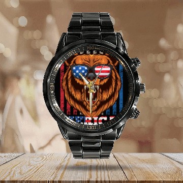 Discover Merica Independence Day American Bear USA Party Calendar Steel Band Watch