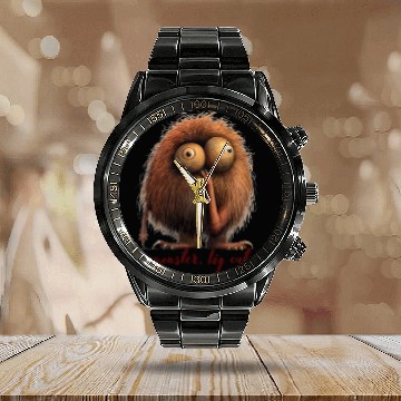 Discover Small, Round & Brown Hairy monster design Calendar Steel Band Watch