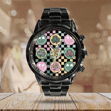 Discover Shamrock Smile Face Disco Groovy St Patric Day Calendar Steel Band Watch