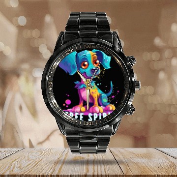 Discover Free Spirit Calendar Steel Band Watch: Puppy Synthwave Graffiti Kids
