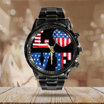 Discover LOVE America Independence Day USA Patriots Calendar Steel Band Watch