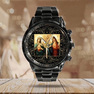 Discover Sacred Heart and Immaculate Heart Picture Jesus an Calendar Steel Band Watch