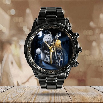 Discover Wolf Riding Chopper Motorcycle In Full Moon Calendar Steel Band Watch