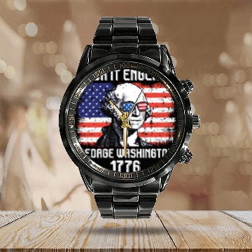 Discover Suck it England George Washington 1776 USA Calendar Steel Band Watch