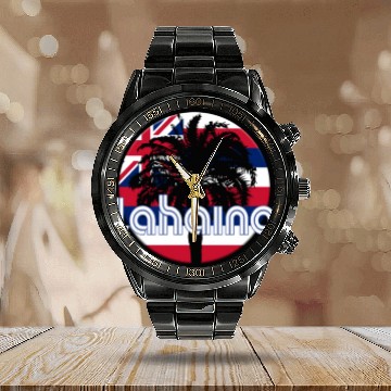 Discover Lahaina Maui Hawaii Hawaiian Flag Native Palm Tree Calendar Steel Band Watch