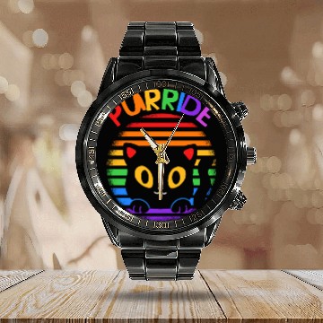 Discover Purride Ally Cat Rainbow LGBT Pride Month Feline Calendar Steel Band Watch