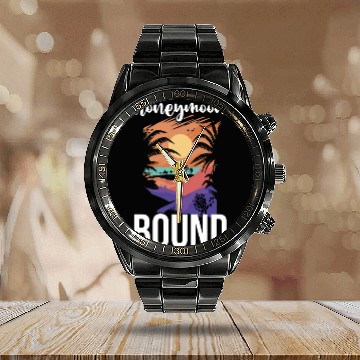 Discover Bride Groom Vacation Newlywed Couple Honeymoon Calendar Steel Band Watch