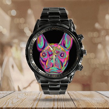 Discover French Bulldog Frenchie head Pop art style Calendar Steel Band Watch