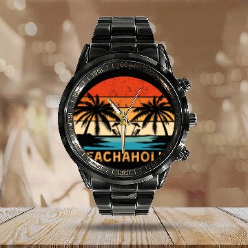 Discover Tropical Sunset Beach Scene Calendar Steel Band Watch