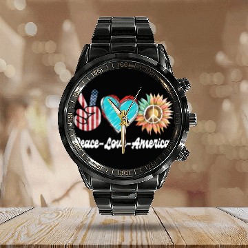 Discover Peace Love America US Flag Fourth Womens JULY 4TH Calendar Steel Band Watch