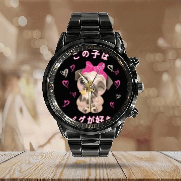 Discover Pug Love Mom Pug And Baby Youth Calendar Steel Band Watch