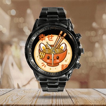 Discover Kawaii Ramen Noodle Bowl Orange Calendar Steel Band Watch