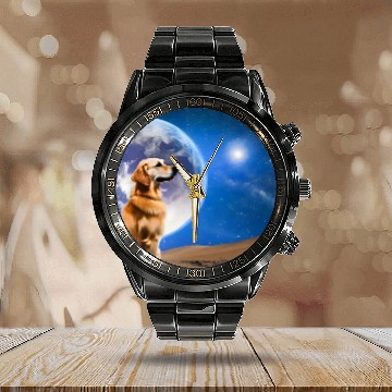 Discover Golden retriever looks at the stars Calendar Steel Band Watch
