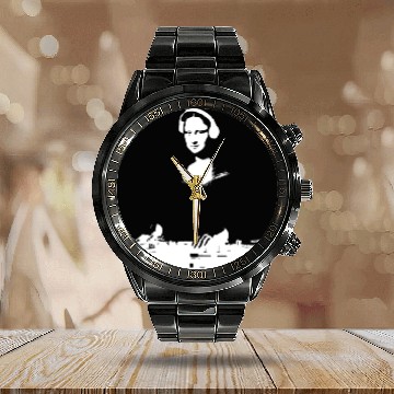 Discover Dj Mona Lisa with Dj Headphone behind a dj table Calendar Steel Band Watch