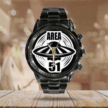 Discover Area 51 Black Flying Saucer Calendar Steel Band Watch