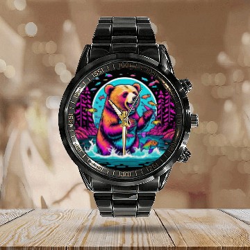 Discover Joyful Bear Fishing in River Calendar Steel Band Watch