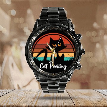 Discover Black cat vintage sunset retro design Calendar Steel Band Watch