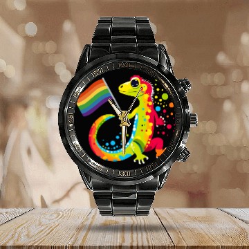 Discover Gay Pride Gecko Calendar Steel Band Watch