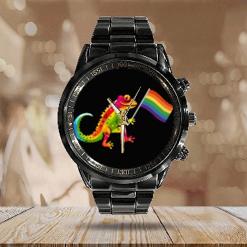Discover Gay Pride Gecko Calendar Steel Band Watch