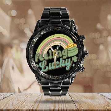 Discover Feeling Lucky Saint Patricks Day Rainbow quote Calendar Steel Band Watch