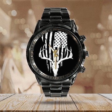 Discover Deer Hunting American Flag Calendar Steel Band Watch
