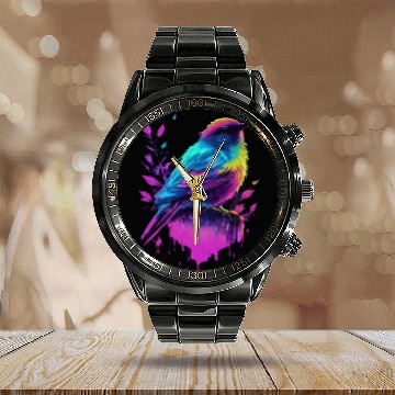 Discover Neon Bird on Pink Leaves - Colorful Nature Art Calendar Steel Band Watch