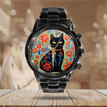 Discover Folk Art Cat Floral Calendar Steel Band Watch