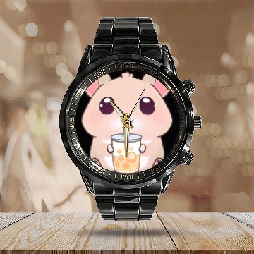 Discover Kawaii hamster with bubble tea Calendar Steel Band Watch