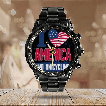 Discover I Love America And Unicycling Calendar Steel Band Watch