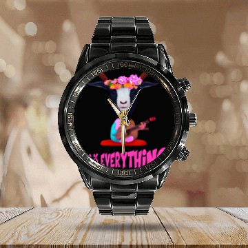Discover Hippie Goat with flowers on head, playing guitar Calendar Steel Band Watch