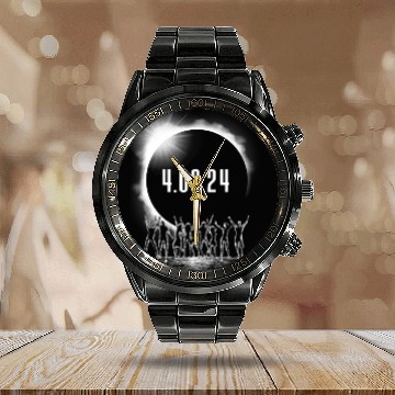 Discover Total Solar Eclipse Party Crowd Silhouette 4.08.24 Calendar Steel Band Watch