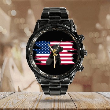 Discover American Flag Dog Black Lab Puppy Calendar Steel Band Watch