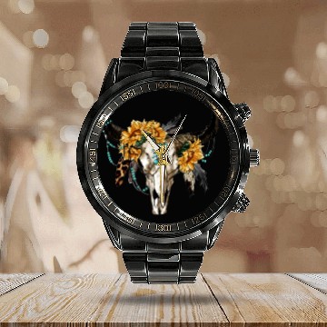 Discover Bull Skull And Sunflowers Calendar Steel Band Watch