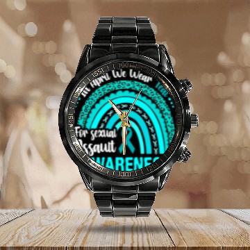 Discover Rainbow In April We Wear Teal Sexual Assault Aware Calendar Steel Band Watch