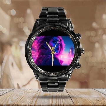 Discover Synthwave Girl - Futuristic Design neon colors Calendar Steel Band Watch