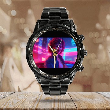 Discover Synthwave Girl - Anime Portrait in Neon Colors Calendar Steel Band Watch