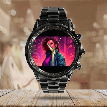Discover Girl in front of a Neon Pink Cityscape Calendar Steel Band Watch