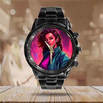 Discover Synthwave City Bloom - Neon Pink Cityscape Calendar Steel Band Watch