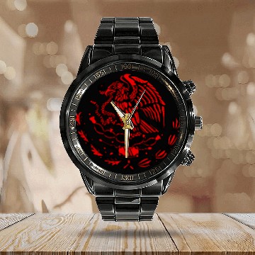 Discover Mexican Eagle Shield Calendar Steel Band Watch