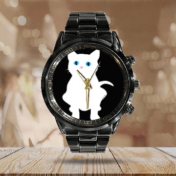 Discover White Cat Silhouette Calendar Steel Band Watch