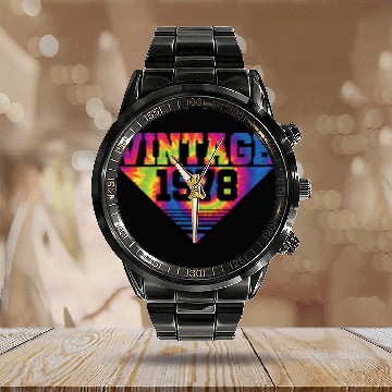 Discover Vintage 1978 Tie Dye Splash Color Triangle Calendar Steel Band Watch