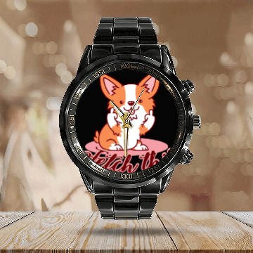 Discover Funny Corgi Dog Middle Finger Fetch This Calendar Steel Band Watch