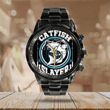 Discover Catfish Slayer Flathead Butcher Waller Fishing Calendar Steel Band Watch