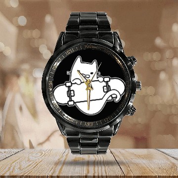 Discover Angry Cat And Skateboard Skateboarding Outline Calendar Steel Band Watch
